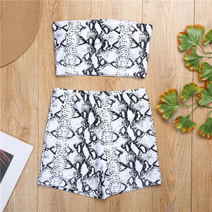 Women's Clothing Summer Sleeveless Snake Print Crop Top Tube Shorts 2PCs Set